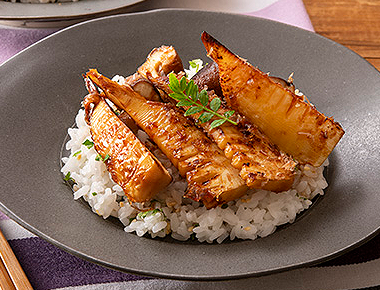 焼きたけのこのせ木の芽ご飯